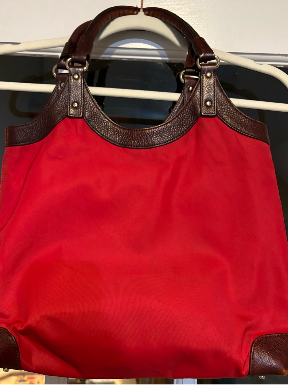 Kate Spade Vintage -Red Luxury Nylon Satchel with Brown Leather Trim and Handles - Picture 2 of 11